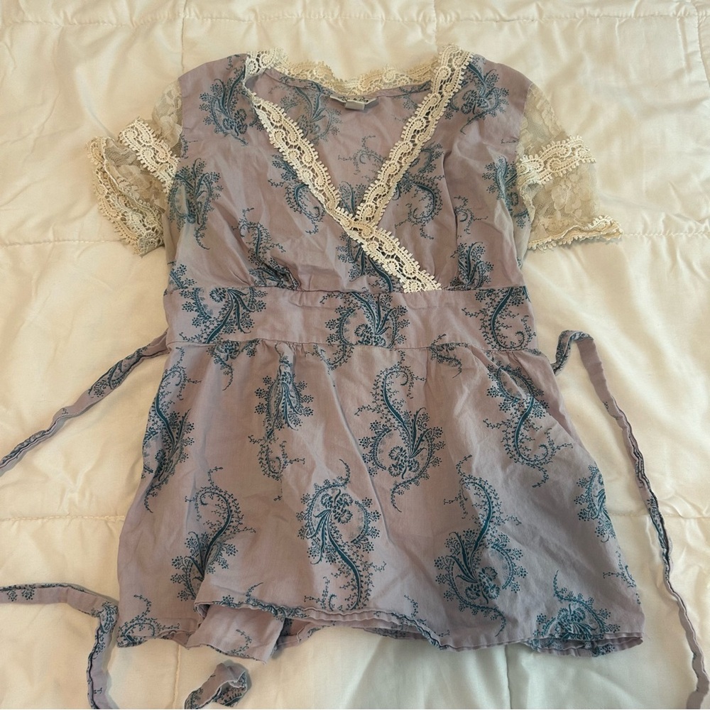 Lace Trim Paisley Wrap Top